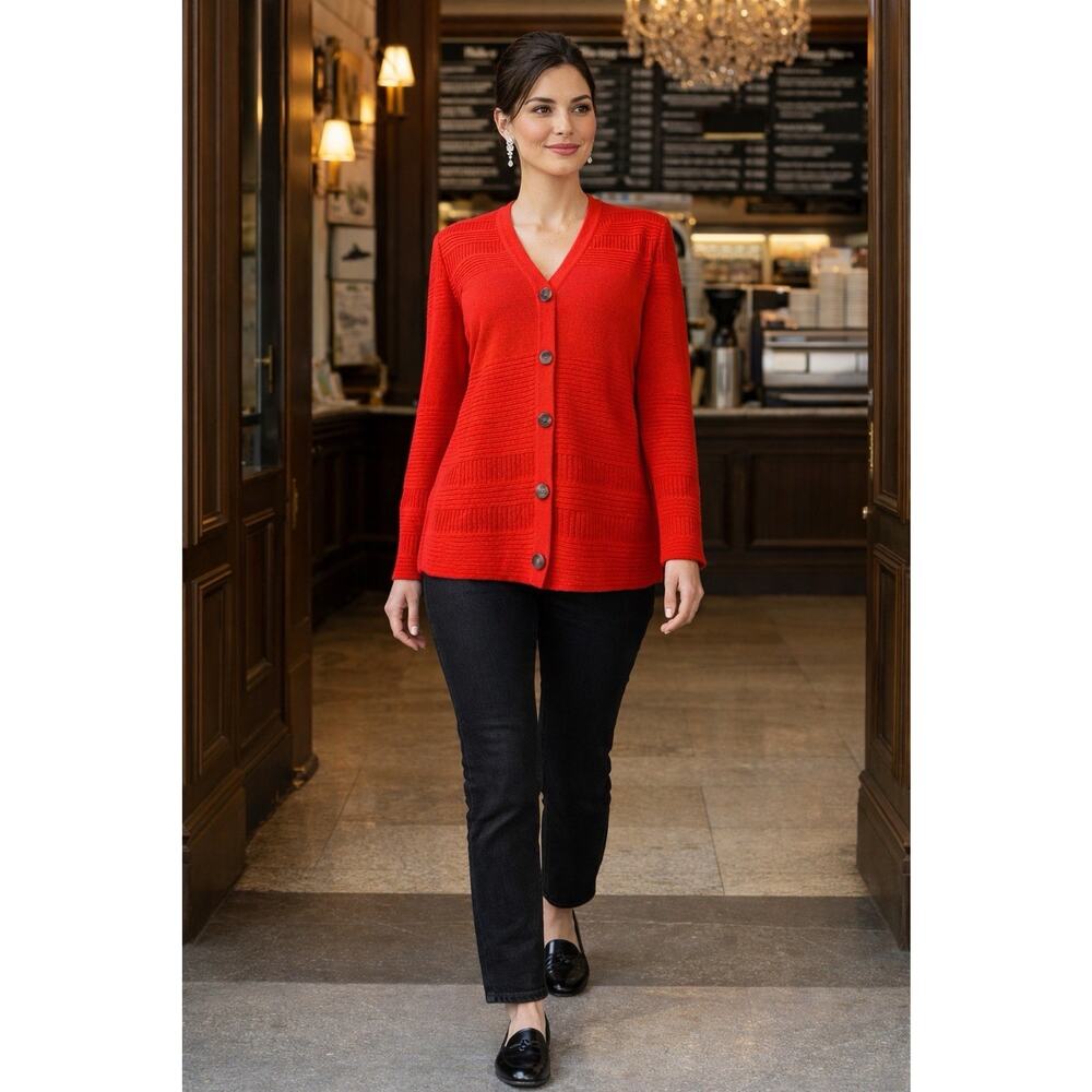 St. John Collection Red Textured Knit Cardigan Blazer Button Up Sweater Size 4